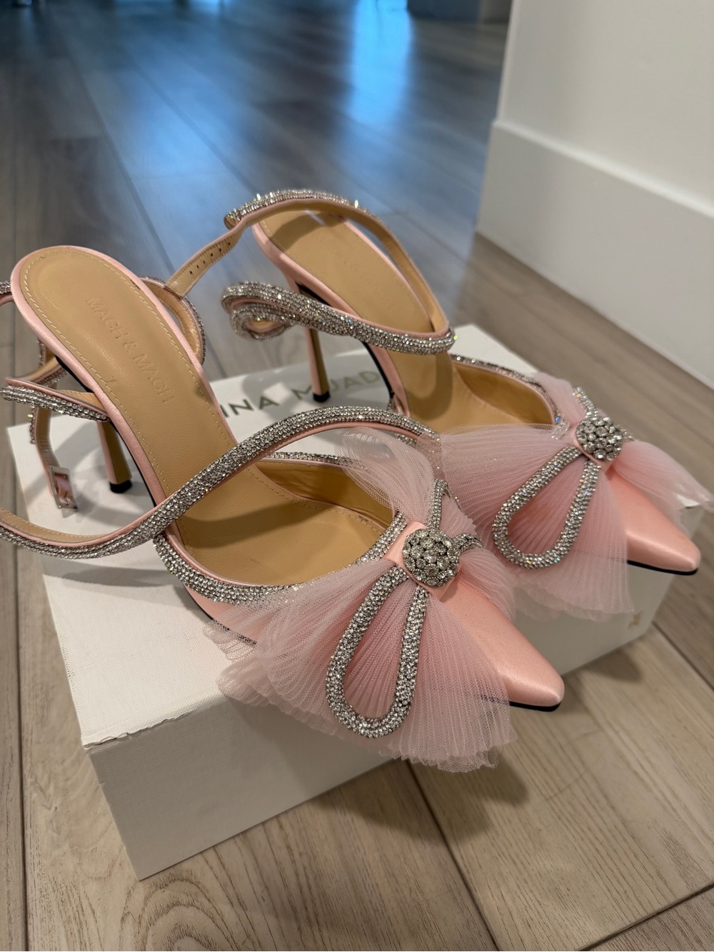 MACH & MACH Pink Crystal Bow Tulle Slingback Heels